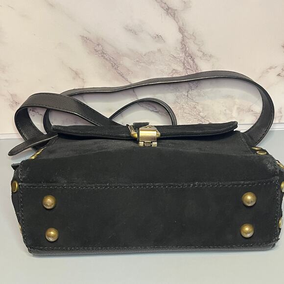 Lionel Black Suede & Leather Crossbody Bag / Top Handle Bag w/ Gold Brass Studs - Picture 4 of 14